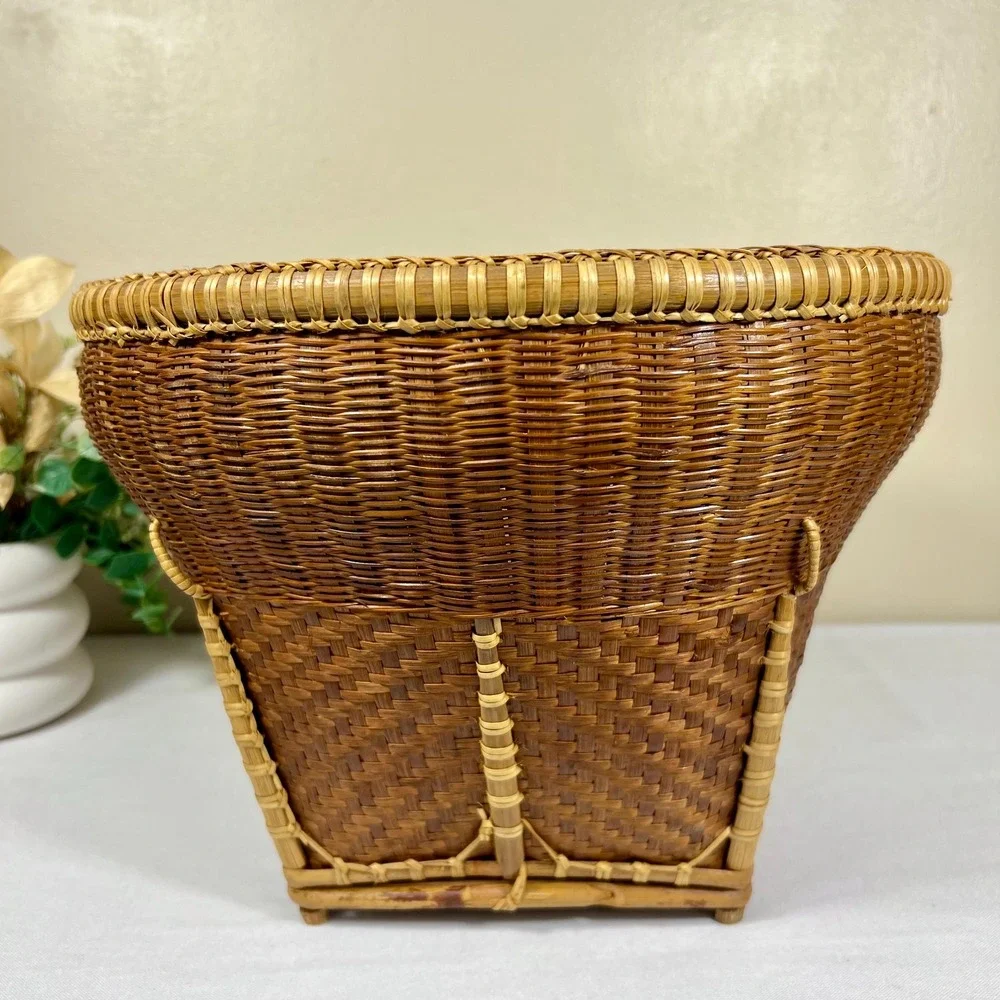 Vintage Dark Brown Woven Wicker Rattan and Bamboo Basket